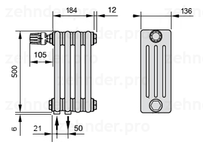 Схема (чертеж) Радиатор Zehnder Charleston 4050/4 №V001 Белый глянцевый RAL 9016
